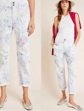 Anthropologie White Canvas Tote with Multicolor Paint Splatters